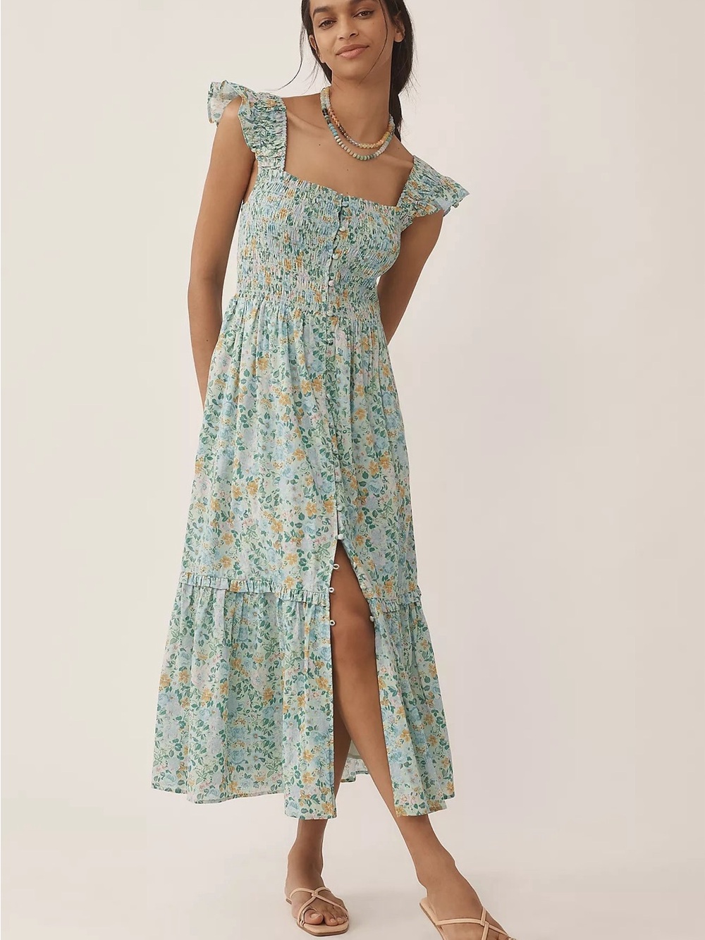 The Peregrine Midi Anthropologie Dress Blue with Yellow Accents